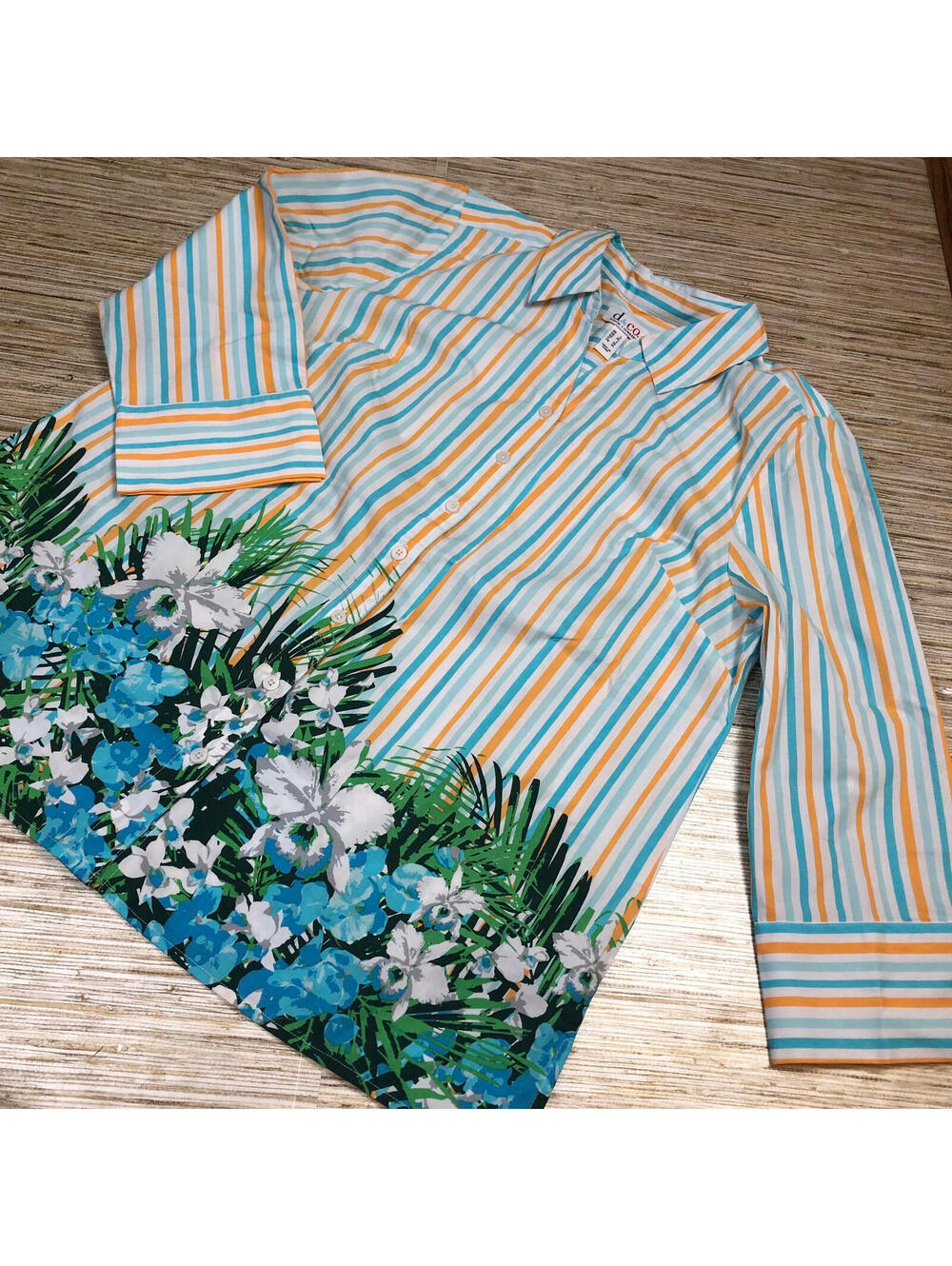 2733 Denim & Co. Printed Button-Front Tunic with Flip Cuff AQUA MULTI sz L